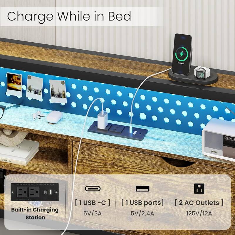 Bed Frame Hidden Storage Headboard 2-Tier Built-in LED Lights Metal