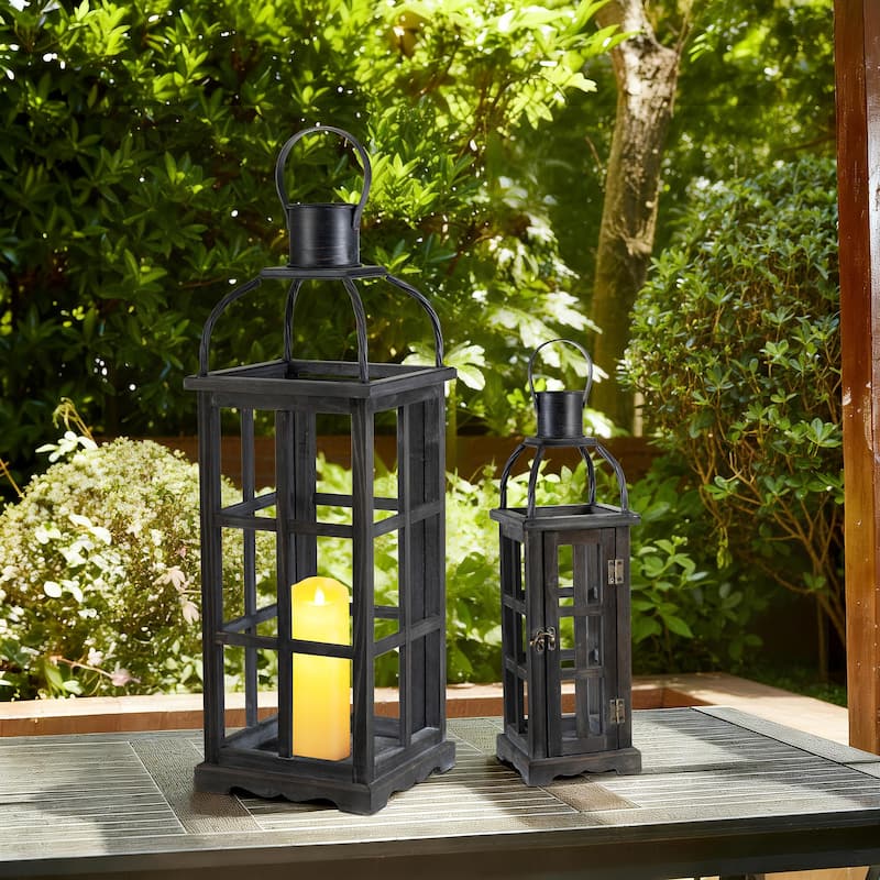 Glitzhome Farmhouse Wooden Metal Cage Candle Holders Patio Hanging Vintage Lanterns (Set of 2)