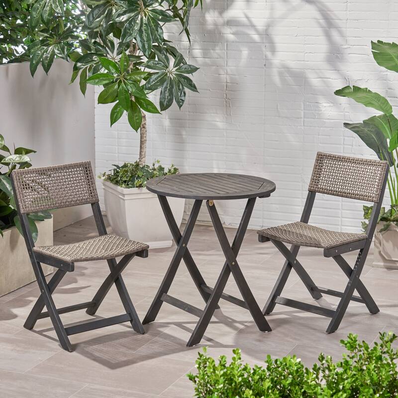 3 Piece Acacia Wood Patio Folding Bistro Set with Wicker Weave Seating and Backrest