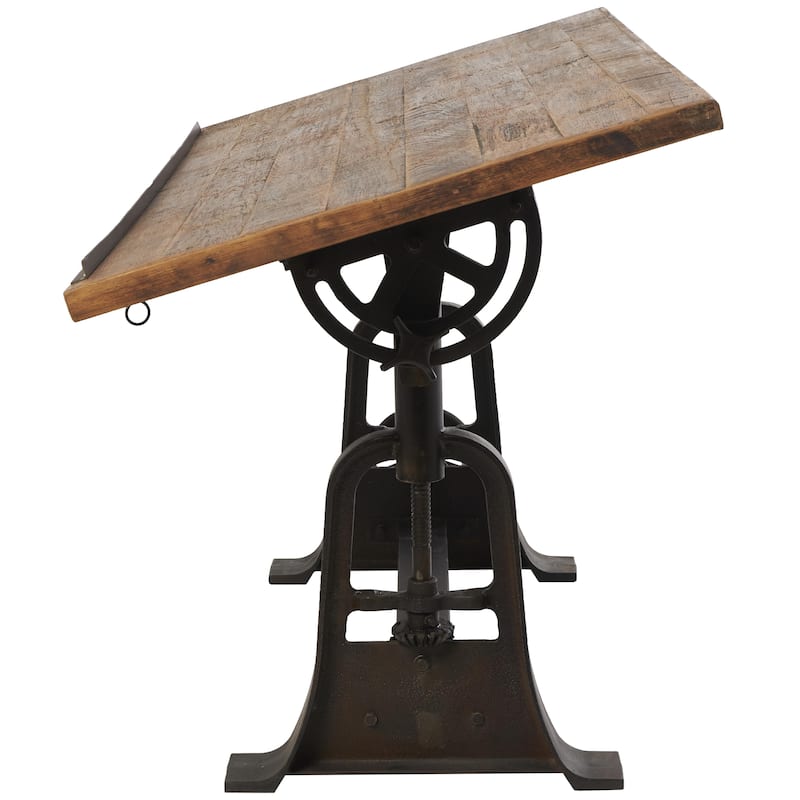 Teak Wood Drafting Style Desk with Tilting Top and Crank Height Adjustment - Brown - Roche River Decor