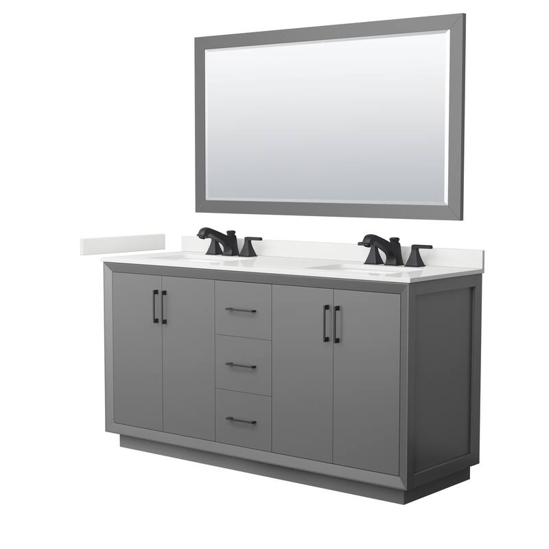 Strada 66-inch Double Vanity, Quartz Top, 58-inch Mirror - Dark Gray, Black Trim, White Quartz Top