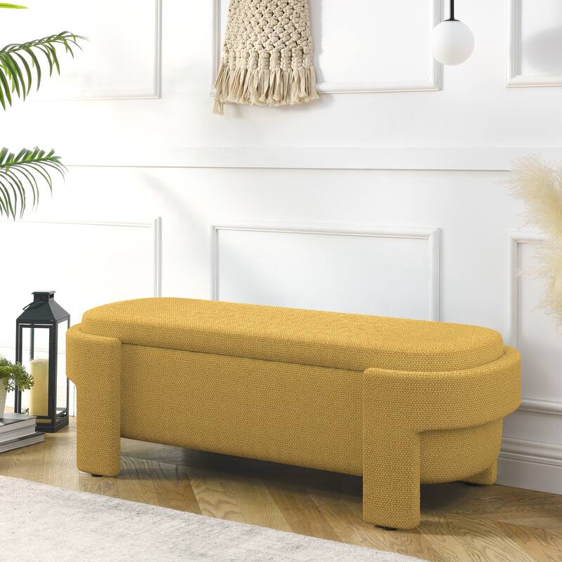 Upholstered Storage Bench Oval Ottoman w/ Large Storage Space, End of Bed Benches Bedroom Linen Fabric Footrest for Living Room