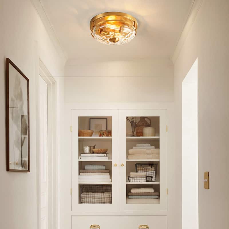 2-Light Modern Industrial ORB/Gold Ceiling Light Dome Cone Clear Water Rippled Glass Flush Mount Light