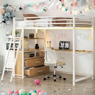 Multifunctionl LED Design Twin Size Loft Bed with Desk and Shelve, 2 USB Port