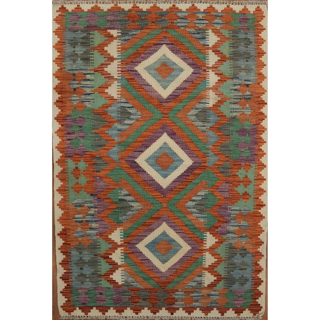 Hand Woven Oriental 100% Wool Carpet Southwestern Tribal Multi-Colored Kilim Area Rug - 4' 10'' X 3' 3''