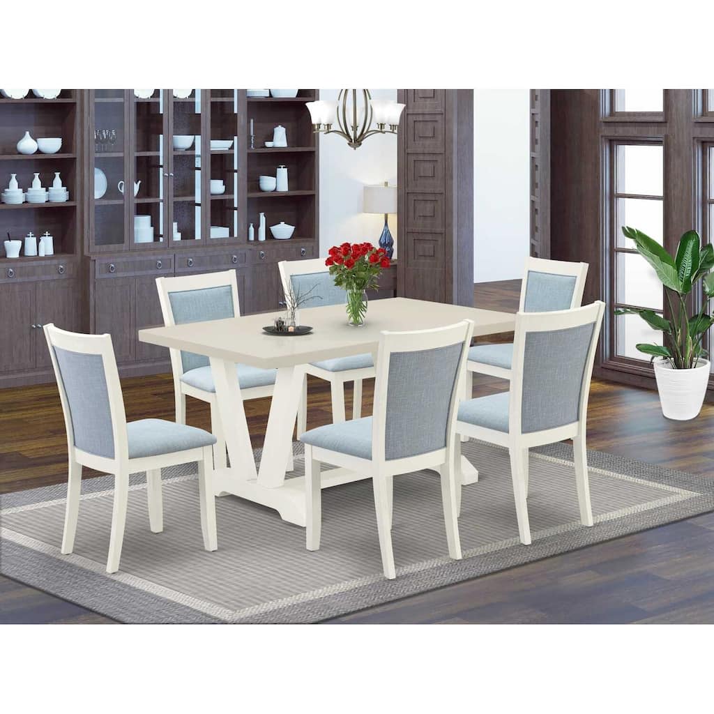 HomeStock 7-Piece Wire Brushed Linen White Finish Solid Wood Top Dining Table with 6 Chairs