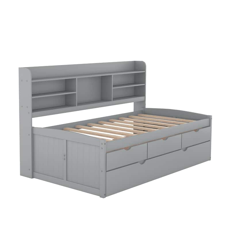 Grey Twin Wooden Captain Bed with Bookshelves, 3 Storage Drawers, and Trundle