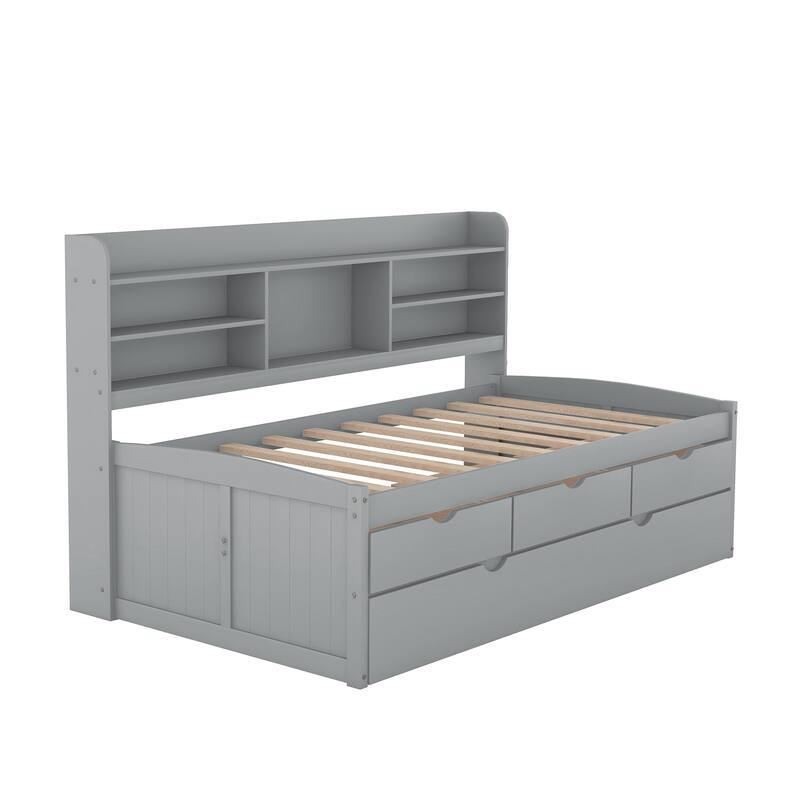 Twin Size Wooden Captain Platform Bed with Built-in Bookshelves, Three Storage Drawers and Trundle