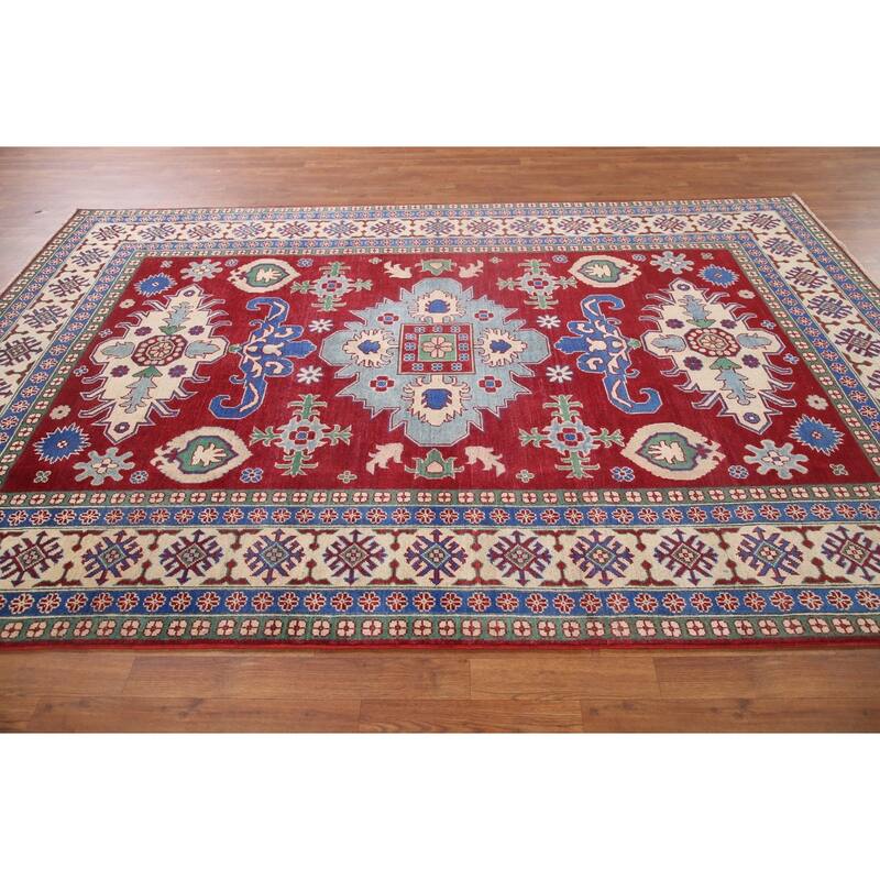 Hand Knotted Oriental 100% Wool Carpet Traditional Geometric Red Kazak Area Rug - 9' 9'' X 6' 6''