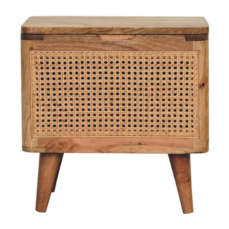 Stylish and Minimalist Wood Lid-up Storage Stool with Rattan Design