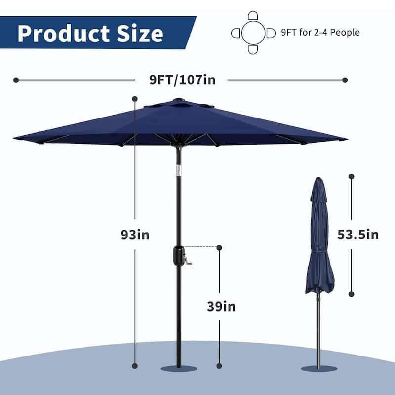 9FT Outdoor Table Patio Umbrella with Crank Lift & Push Button Tilt for Pool, Deck, Yard, Garden
