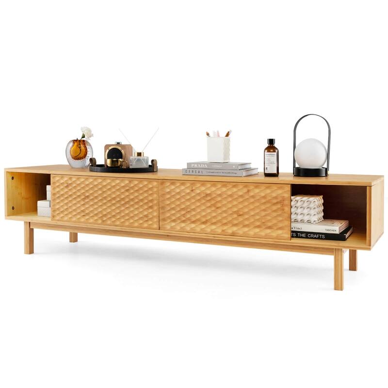 Costway 63" Bamboo TV Stand with 3 Storage Cubes Sliding Doors Mid - See Details
