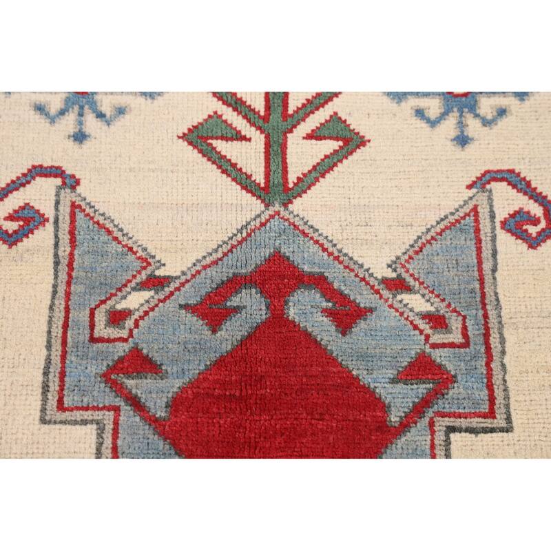 Ivory Geometric Kazak Accent Rug Hand-Knotted Wool Carpet - 3'5" x 5'0"