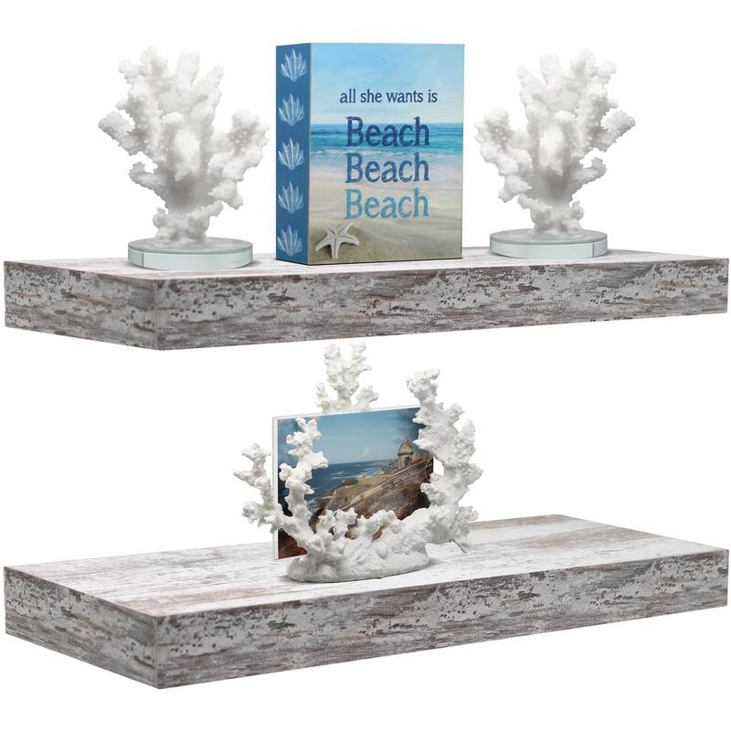 Sorbus Set of 2 Wall Mounted Nightstand Floating Shelves, Nautical/Coastal Styles with Distressed Finish - White