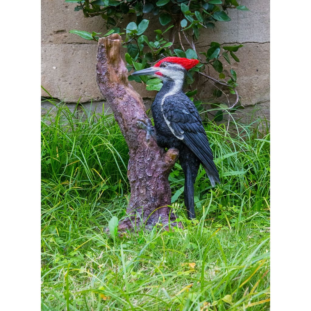 Pileated Woodpecker on Tree Trunk Outdoor Garden Statue - 15.5" - Black and Brown