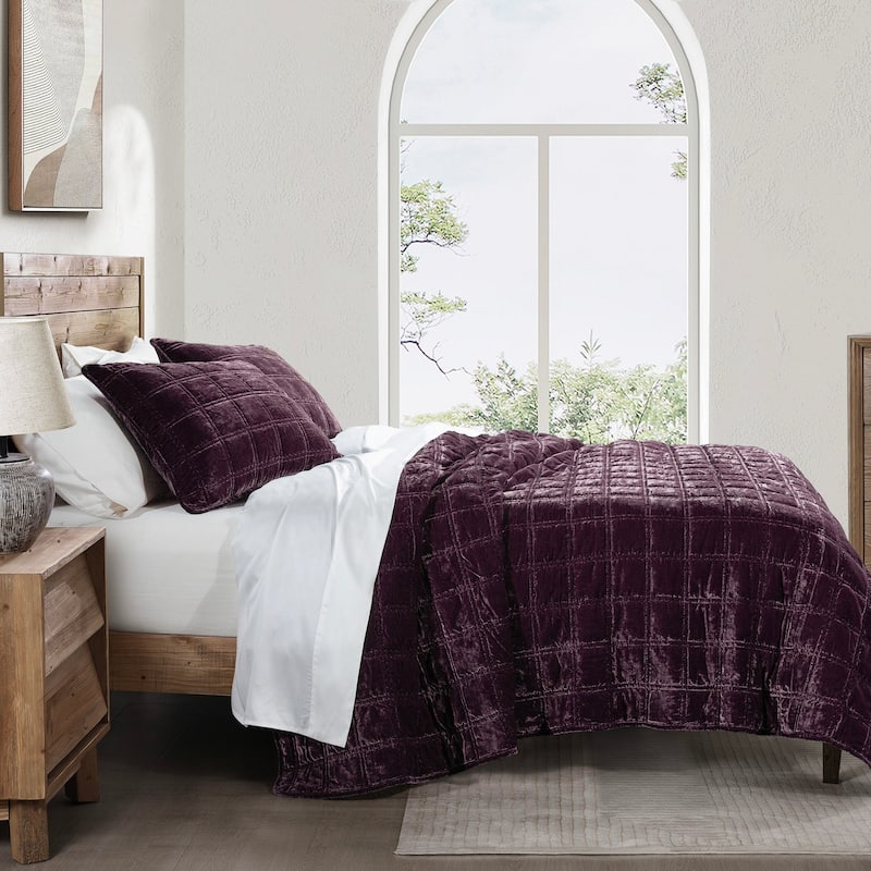 HiEnd Accents Stella Faux Silk Velvet Double Box Stitch Modern Rustic 3 Piece Quilt Set - Dark Violet - King
