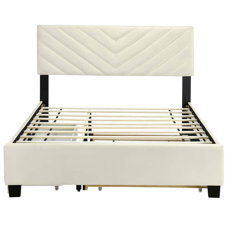 Twill Upholstered Bed with Twin Trundle & Drawers, Queen Size, Beige - Beige - Queen