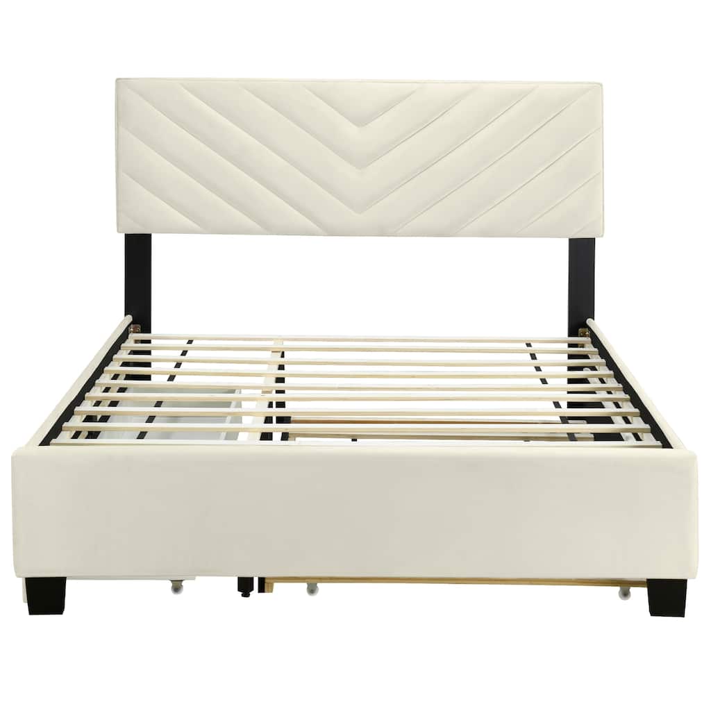 Twill Upholstered Bed with Twin Trundle & Drawers, Queen Size, Beige