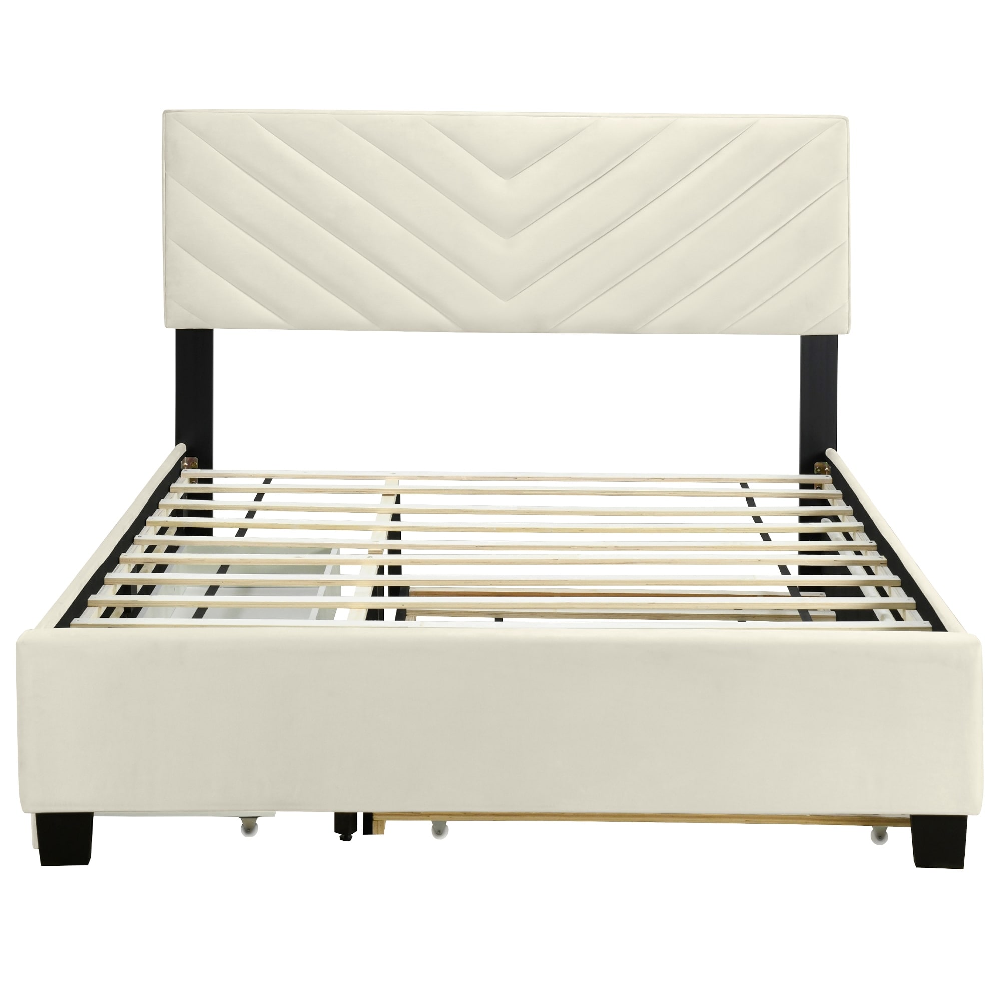 Twill Upholstered Bed with Twin Trundle & Drawers, Queen Size, Beige