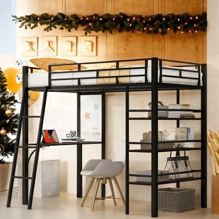 Versatility Galore Twin Size Loft Metal Bed with 3 Layers Of Shelves and Desk, Stylish Metal Frame Bed with Whiteboard