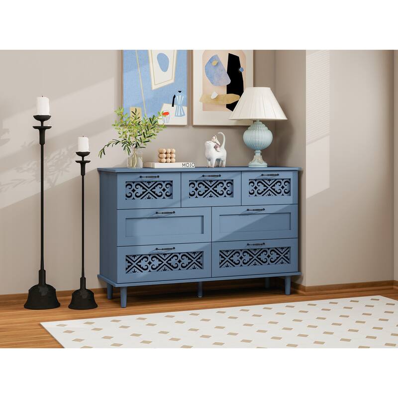 Blue Storage Closet Decorative Cabinet with Symmetrical Floral Pattern, Chic Buffet Cabinet Cupboard with Metal Handles