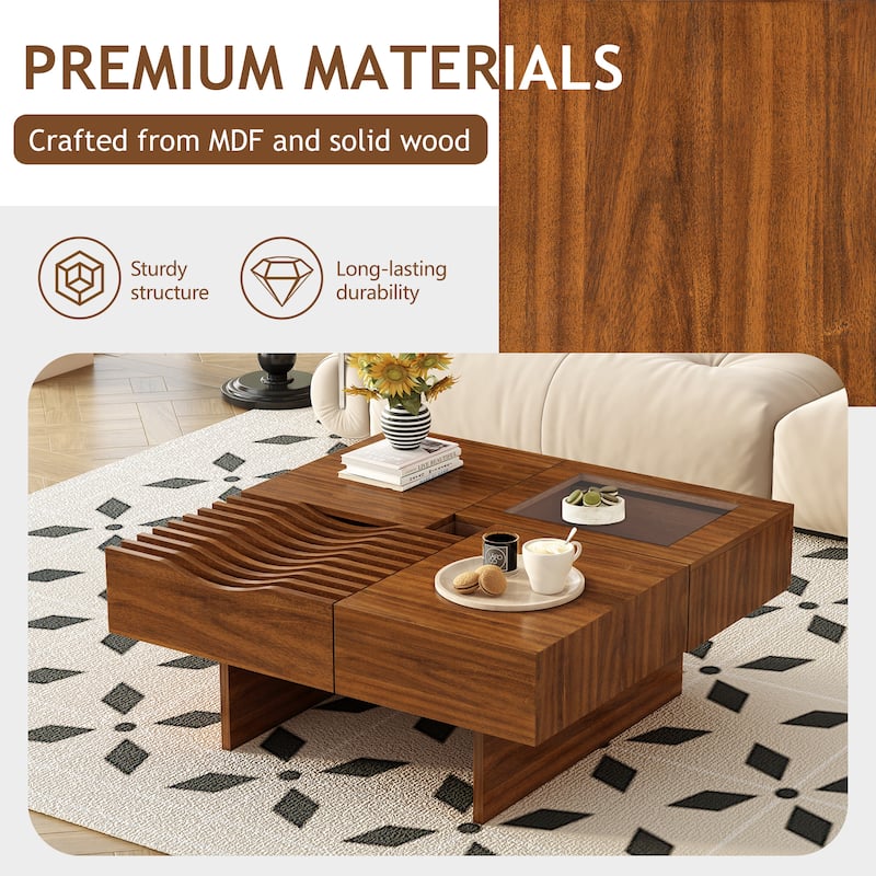 Roomfitters Square Mid-Century Coffee Table with Glass Top and 3 Storage Compartments, Solid Wood Legs