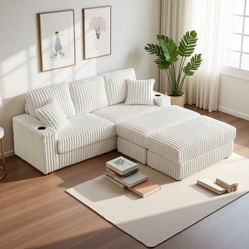 84" Corduroy 3-Seater Sofa with Storage, Ottoman and Cup Holders, Includes 5 Pillows - Beige