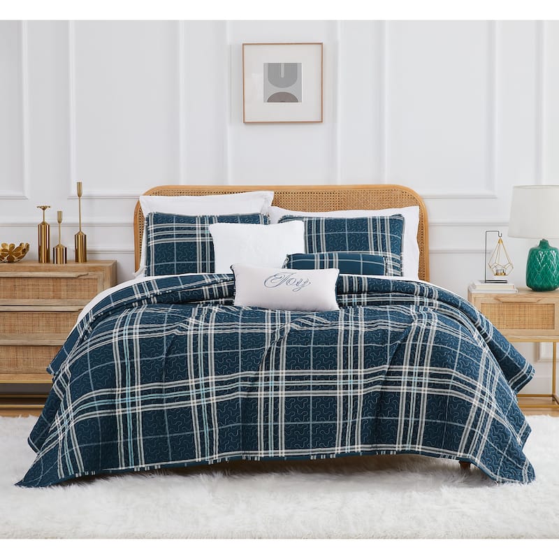 Vilano Plaid 6 piece Quilt Bedding Set - Blue - Full - Queen