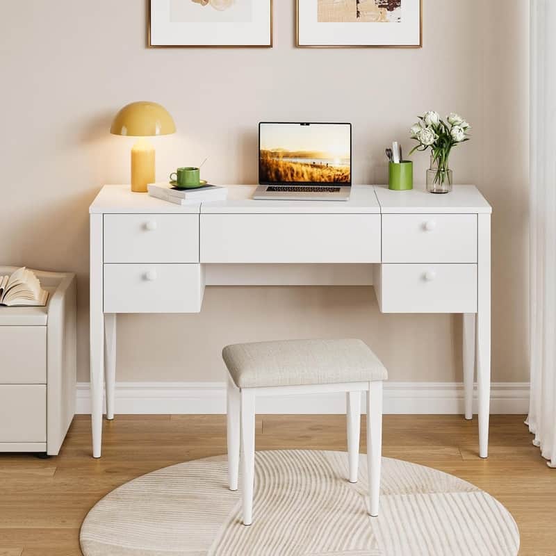 3-in-1 Vanity Desk with Flip Top LED Mirror, 5 Drawers, and Cushioned Stool