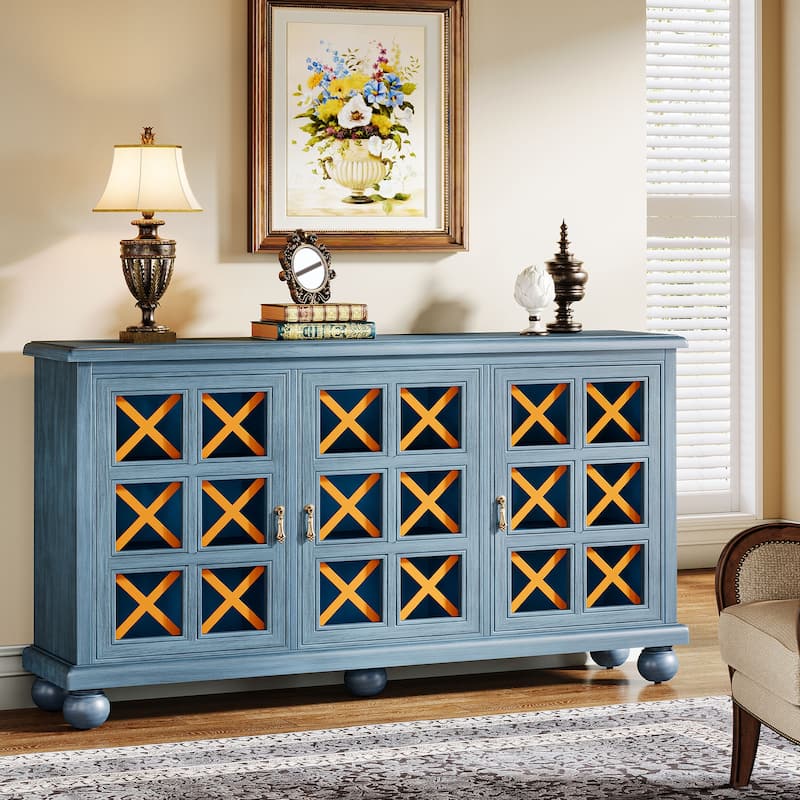 Blue Sideboard Buffet Cabinet with Storage and Doors for Living Room