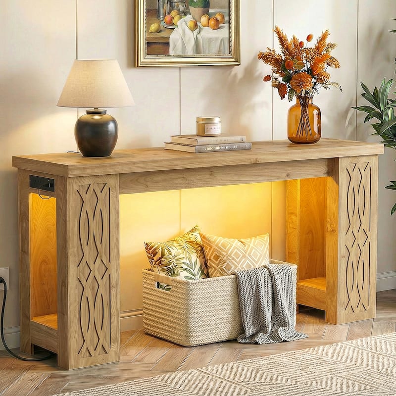 63" Farmhouse Console Table with RGB LED Lights ＆ Power Outlets, Unique Carved Design Entryway Table, Wooden Sofa Table - Natural