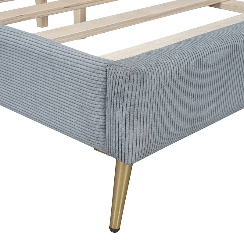 Queen Size Corduroy Platform Bed with Metal Legs, Gray