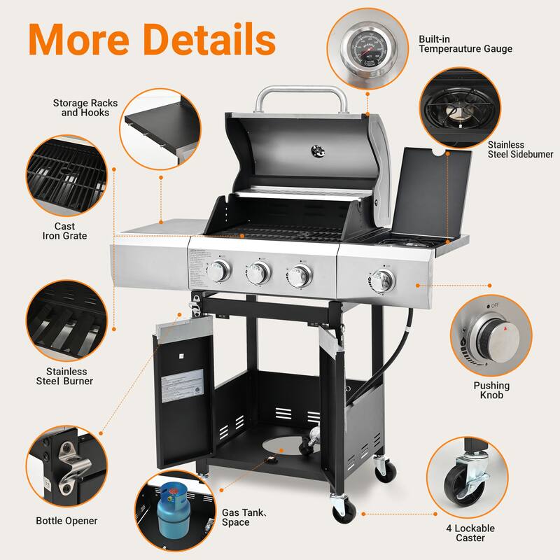 3-Burner Grill with Side Burner, 3+1 Without Cover, Built-in Thermometer