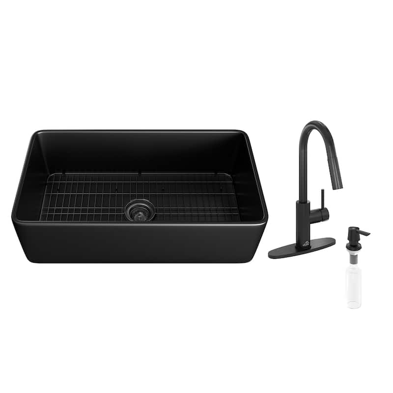 All-in-One Kit Farmhouse/Apron-Front Single Bowl Fireclay Kitchen Sink with Pull Down Sprayer Kitchen Faucet and Accessories