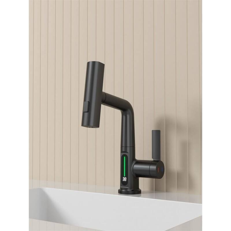 Pull-Out Lift LED Temperature Digital Display Bathroom Basin Faucet Single Handle 360 Degree Rotatable Waterfall Basin Tap