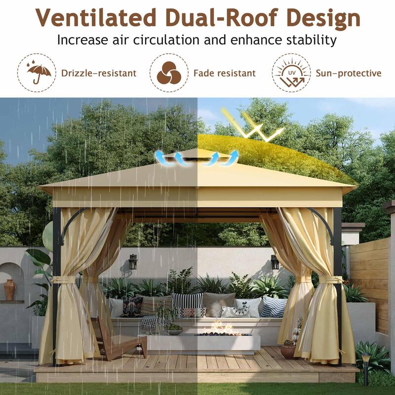 10x12 FT Outdoor Gazebo Tent with Double Roofs and Mosquito Netting