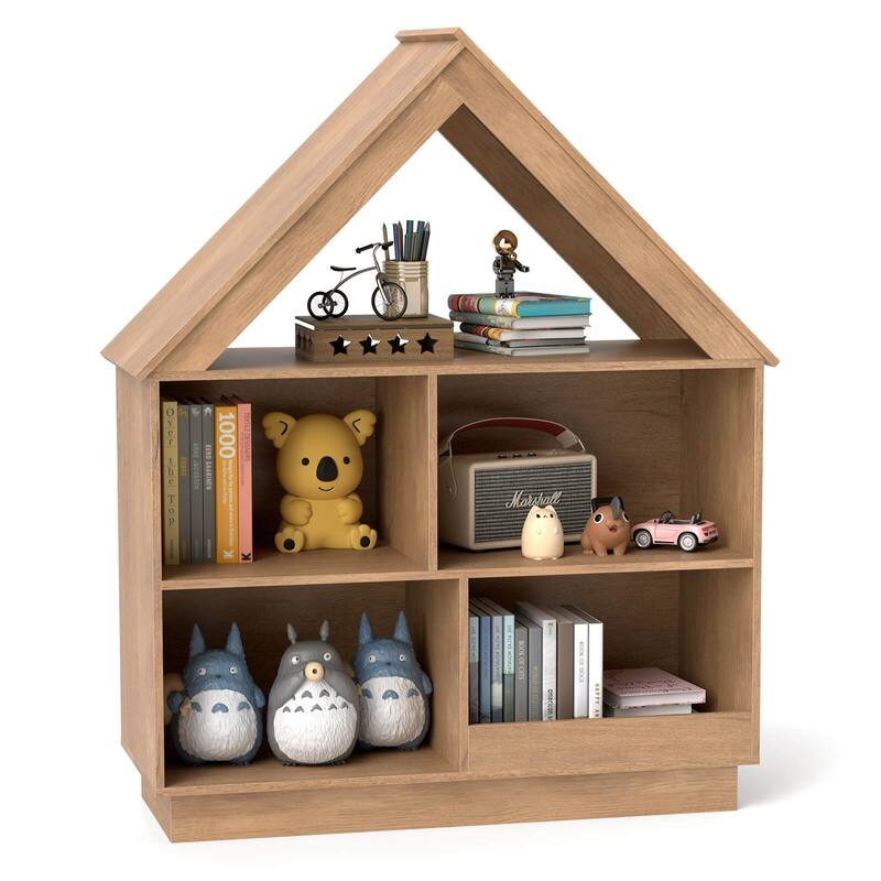 Costway Wooden Kids Dollhouse Bookshelf with Open Shelves - See Details - Natural