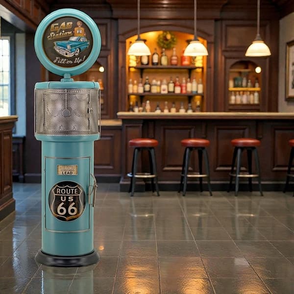 slide 1 of 1, 69.5" Tall Old Style Gas-Pump-Shaped Wine Rack in Blue-Green "Route 66" Blue