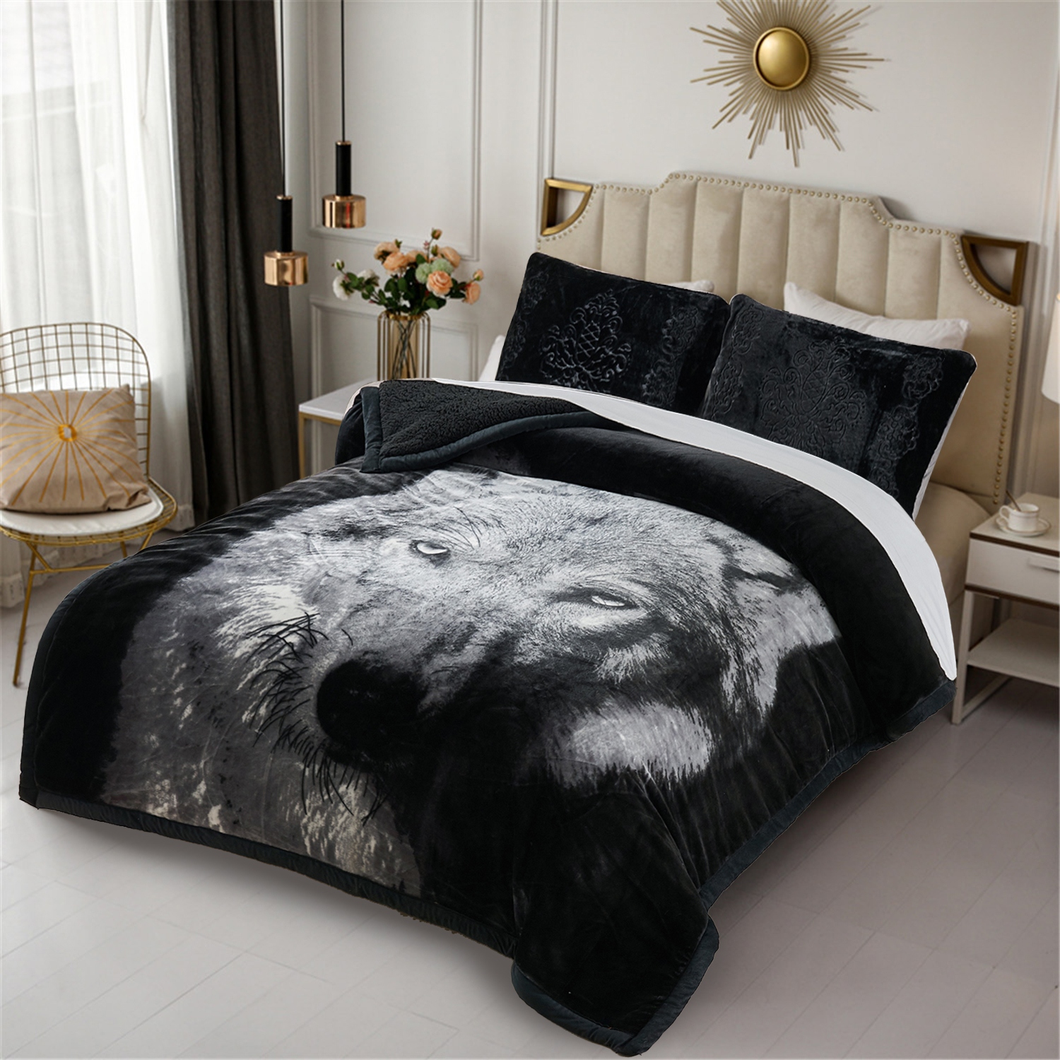 Wolf Pattern Sherpa Comforter Set 79 x91