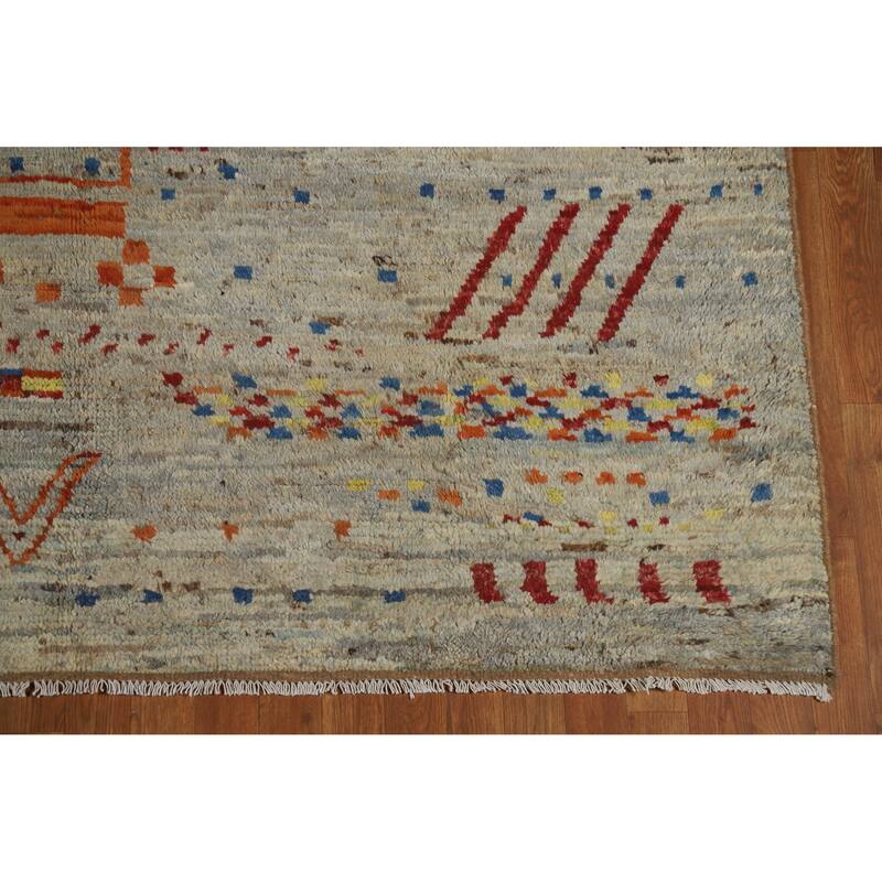 Moroccan Oriental Area Rug Hand-Knotted Grey Wool Carpet - 6'8" x 9'10"