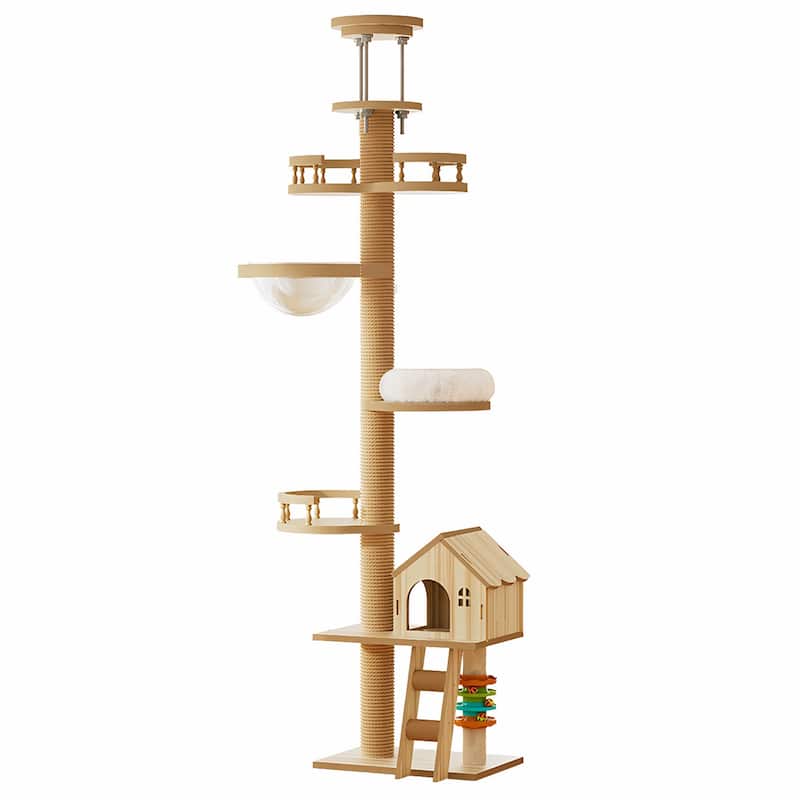 Anmytek Floor to Ceiling Cat Tree Adjustable Height Cat Tower with Scratching Post Wood Cat Condo Cave Bed Hammock