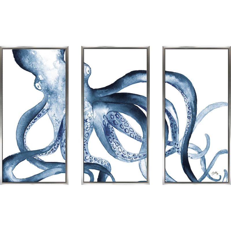 "Octopus in the Blues" Print in Floating Canvas, Set of 3 - Blue