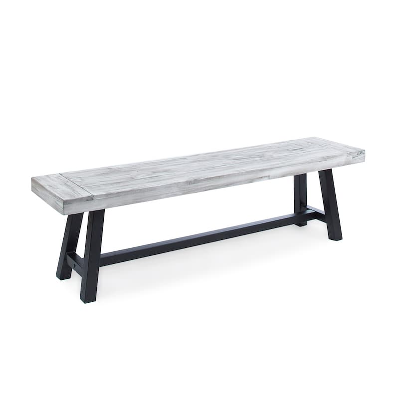 Roomfitters Modern Outdoor Benches with Sandblasted Brown Wood Top and Rustic Metal Legs, Stylish for Garden, Set of 2