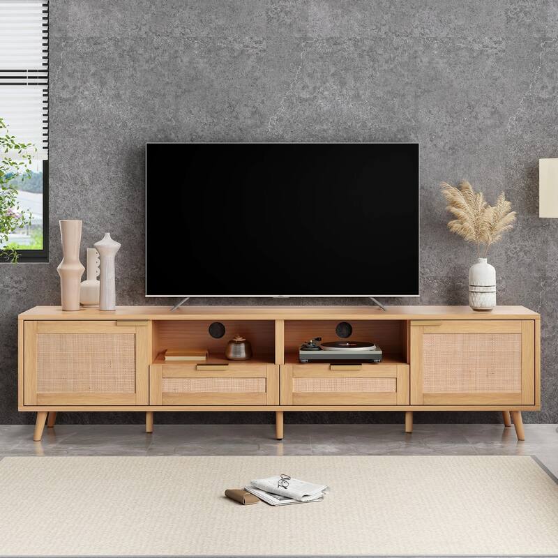 85" TV Stand with Rattan Design, Media Console for Living Room with Storage Cabinets & Open Shelves