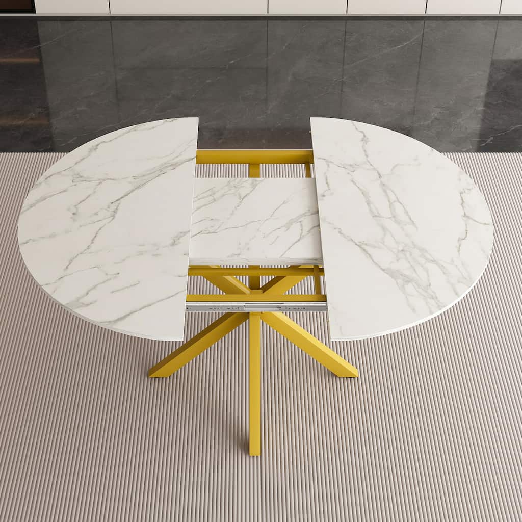 Extendable Round Dining Table with Marble Top, Kitchen Table Home Office Table Coffee Table with X-Base
