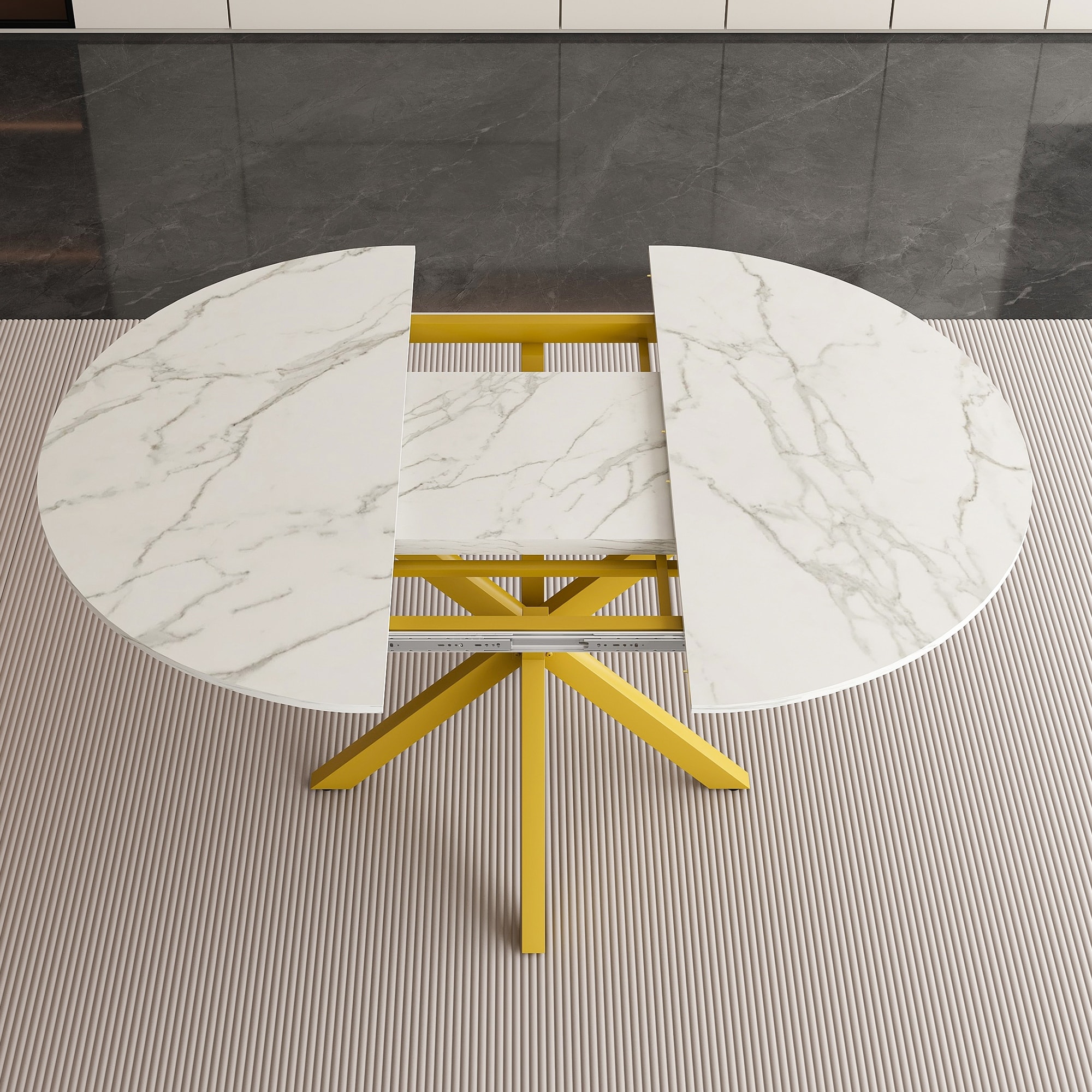 Modern Round Extendable Dining Table With Durable Carbon Steel X-Base