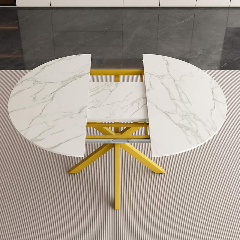 Modern and simple round dining table with extendable blades, carbon steel X-shaped base, sturdy and durable(4-6 people)