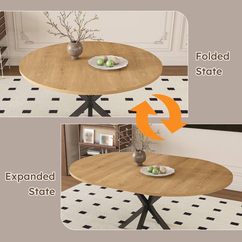 Extendable Round Dining Table Set for 2-6: 43" to 58" Oak Finish Expandable Table with Carbon Steel Base & Wood Chairs