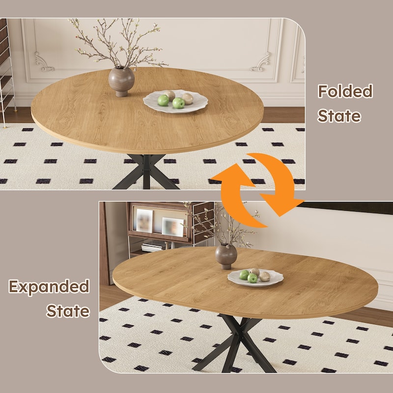 Extendable Round Dining Table Set for 2-6 Person, 43 to 58 Inch Expandable Table with Carbon Steel Base & 2 Solid Wood Chairs