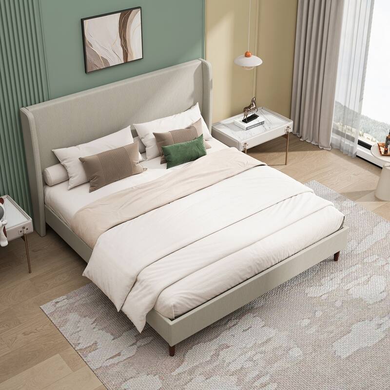 High Headboard Upholstered Platform Bed No Box Spring Needed - Linen Cloth Beige - King